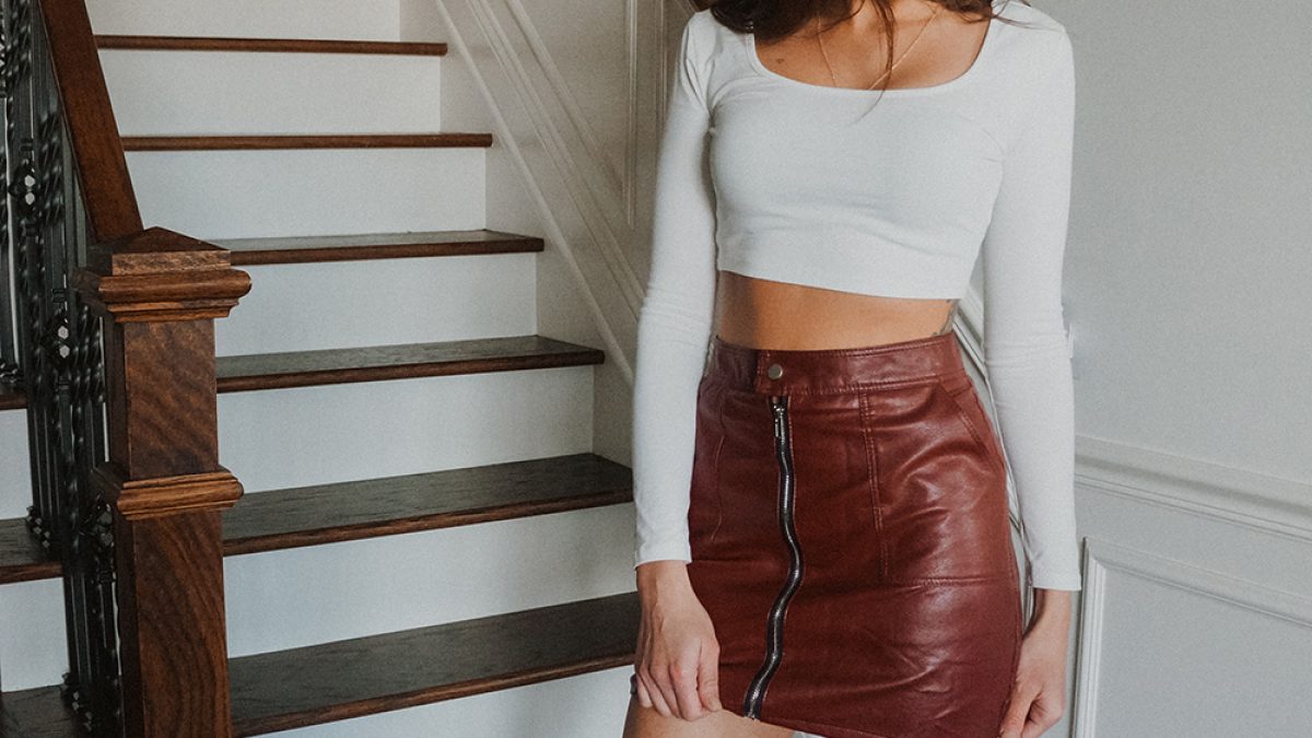 red leather skirt with crop top