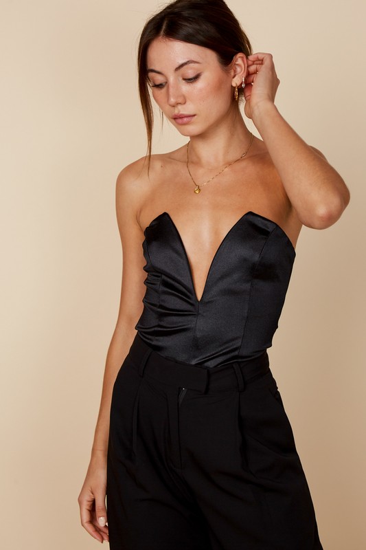 Silk Scuba Deep-V Bar Bodysuit- In black- Minit Fashion