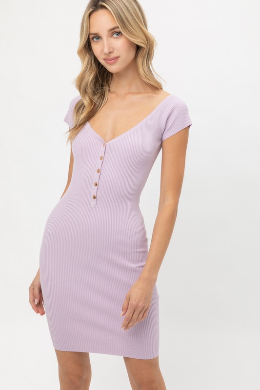 Lavender Ribbed Snap Front Bodycon Mini Dress