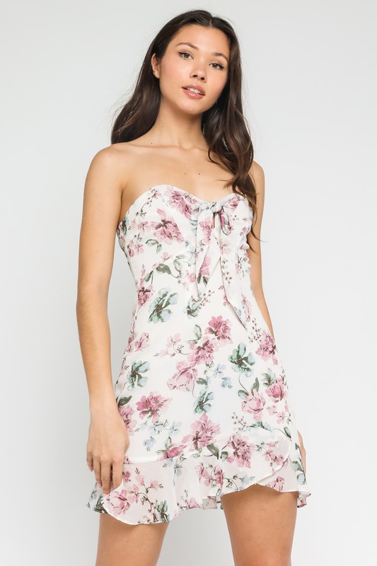 Restless Beauty-White Floral Print Strapless Tie-Front Mini Dress