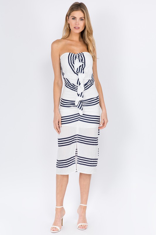 Full Of Frills- Blue Striped Tube Midi Slit Dress with Ruffle Front Detail
