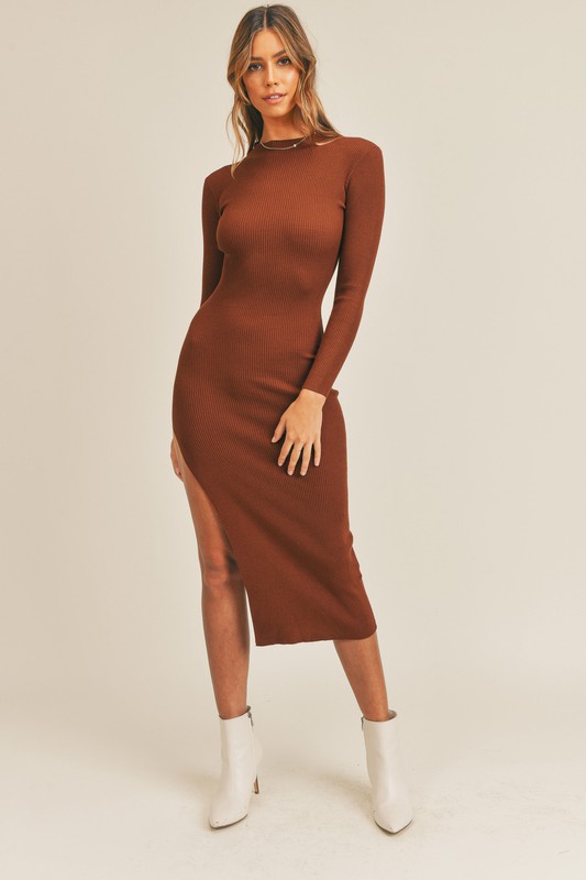 Empowered- Brown Long Sleeve Midi Sweater Dress With High Side Slit 