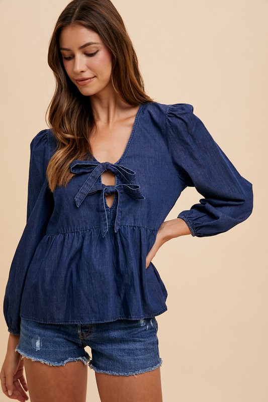 Tie-Front Peplum Denim Top